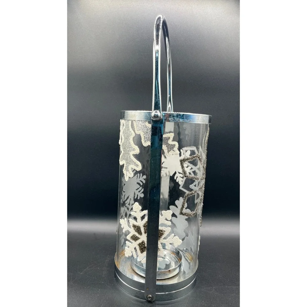 Silver Snowflake Glass Cylinder Candle Lantern Chrome Handle Winter Decor 10.25